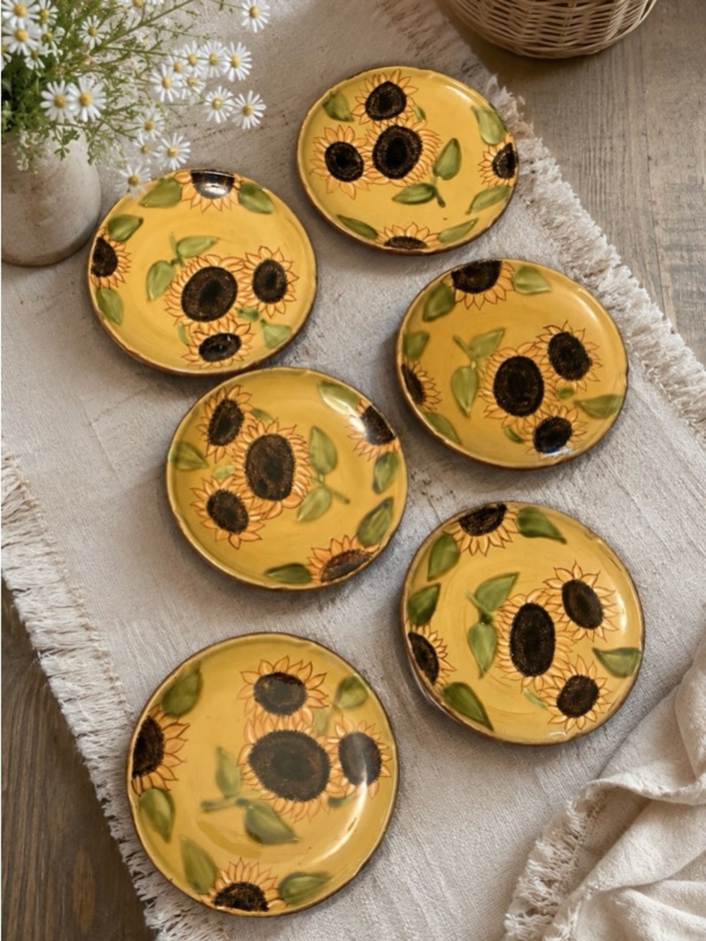 6 Ambiance Sunflower Ceramic Plates - Farmhouse Cottagecore